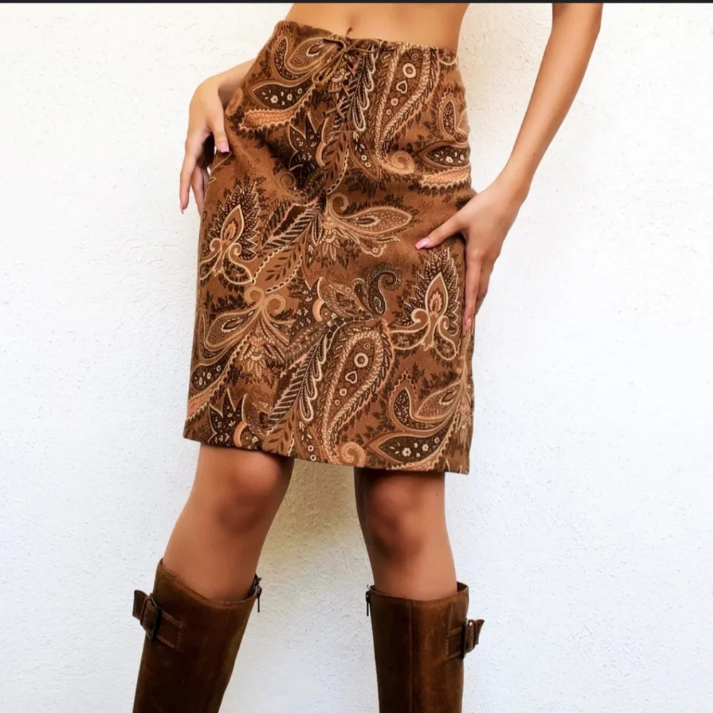 Peruvian Connection Pima Cotton Knit Pencil Skirt Brown Paisley Floral Size LARG